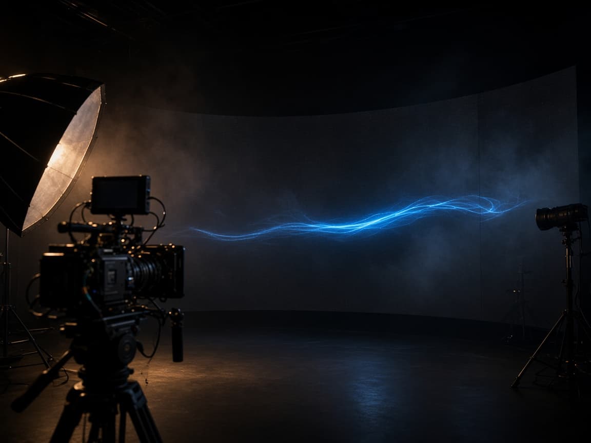 Filmset mit Kamera und elektrisch-blauem Licht